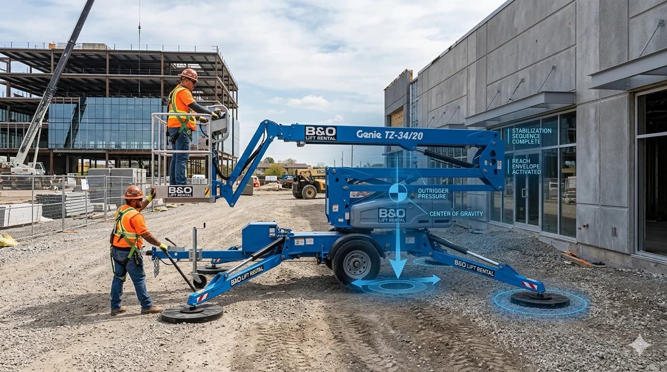 Towable Boom Lift Setup Requirements for Ground and Reach Conditions