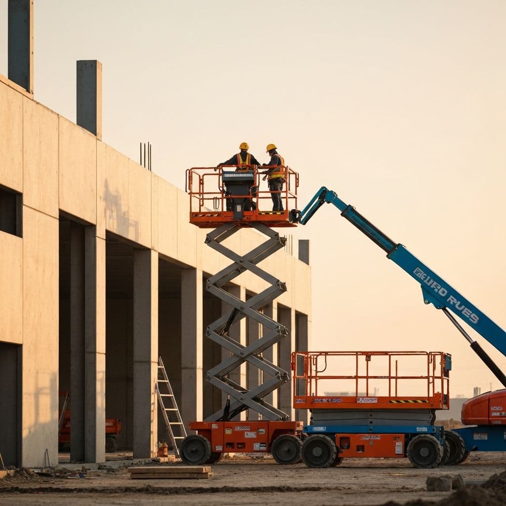 Professional scissor lifts and boom lifts at a construction site